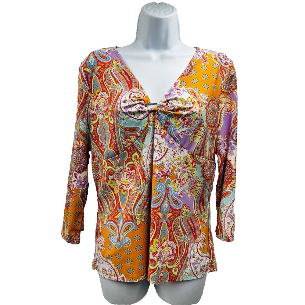 Chaps Blouse Women's Large Milk Maid Red Orange Paisley Y2K 3/4 Sleeves Key Hole